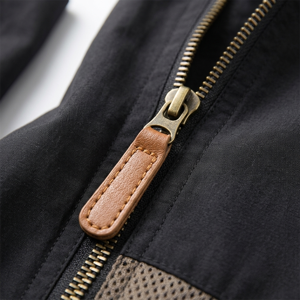 TactWild Venture Windbreaker leather zip pull detail